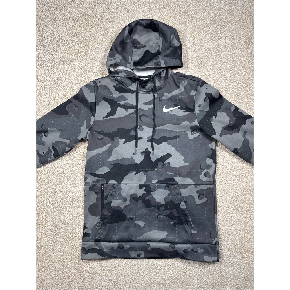 Nike Therma-FIT Mens S Grey Black Camo Pullover Training Hoodie (DD1757-084)